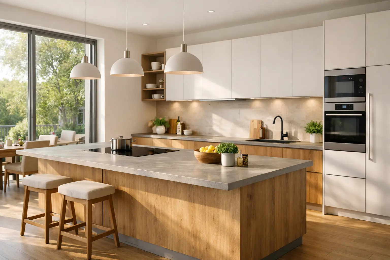 Moderne, helle Küche mit großer Kochinsel, natürlichen Materialien und viel Tageslicht – hochwertige Küchenplanung im Küchenstudio