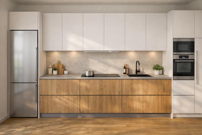 Moderne Küchenzeile mit klar angeordnetem Arbeitsdreieck aus Kühlschrank, Herd und Spüle – funktionale Küchenplanung mit Holzfronten und hellen Oberschränken