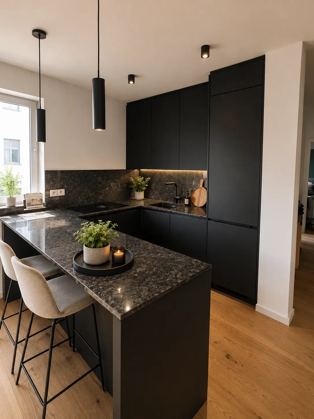 Elegante schwarze Küche mit Granitarbeitsplatte