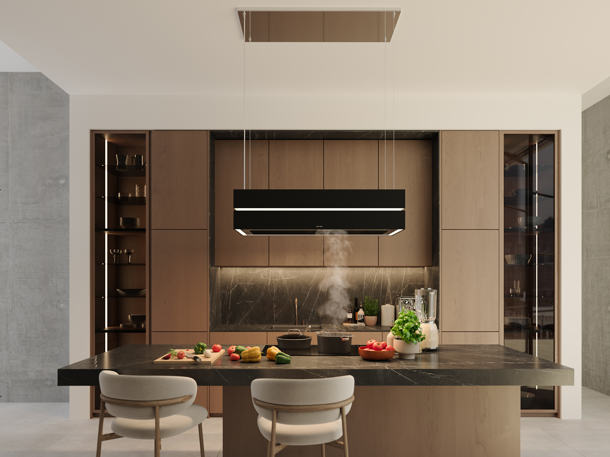 Berbel Skyline Edge Inselhaube in Matt Black über eleganter Kochinsel mit Marmor