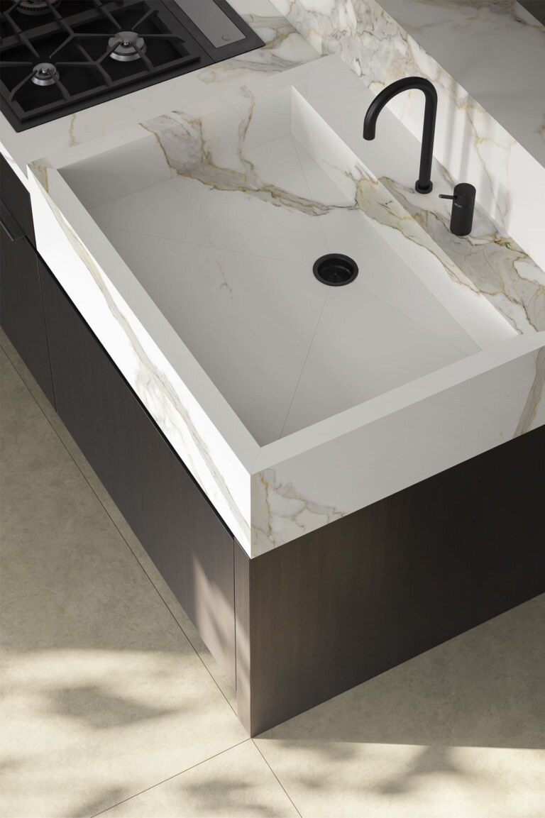 Laminam integriertes Spülbecken in Calacatta Gold Optik
