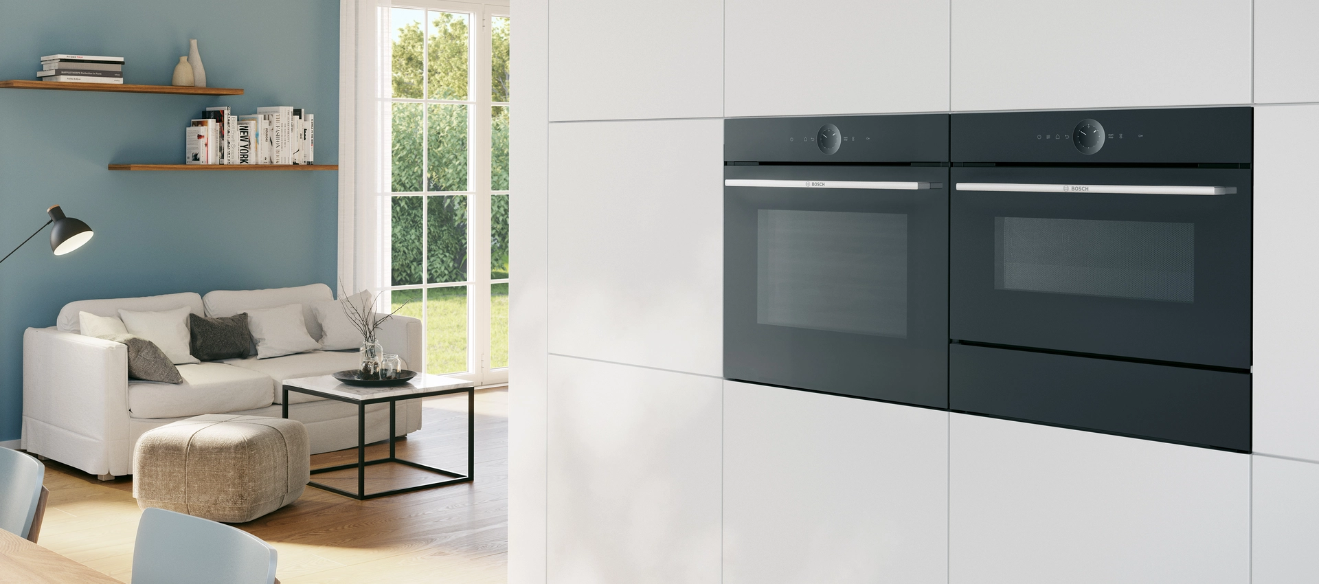 Bosch Doppelbackofen in moderner weißer Küche mit Wohnbereich